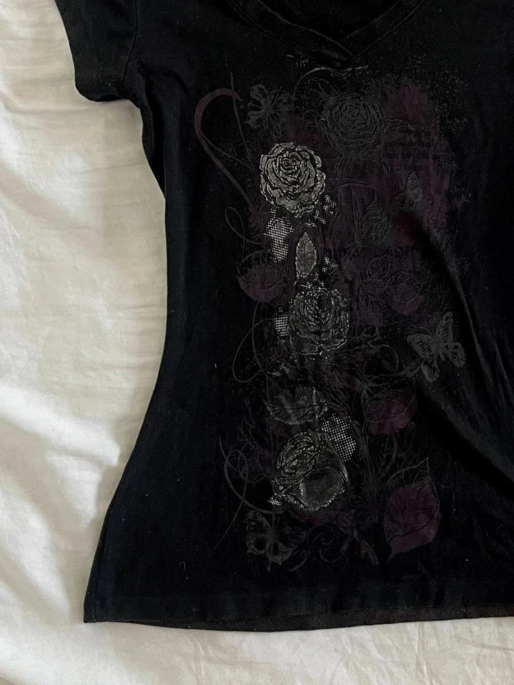 Aiertu  Summer All Match Luxury Flower Print V Neck Short Sleeve Shirt American Popular Vintage Tops Slim Waist Women Y2k Aesthetic Tee Aiertu