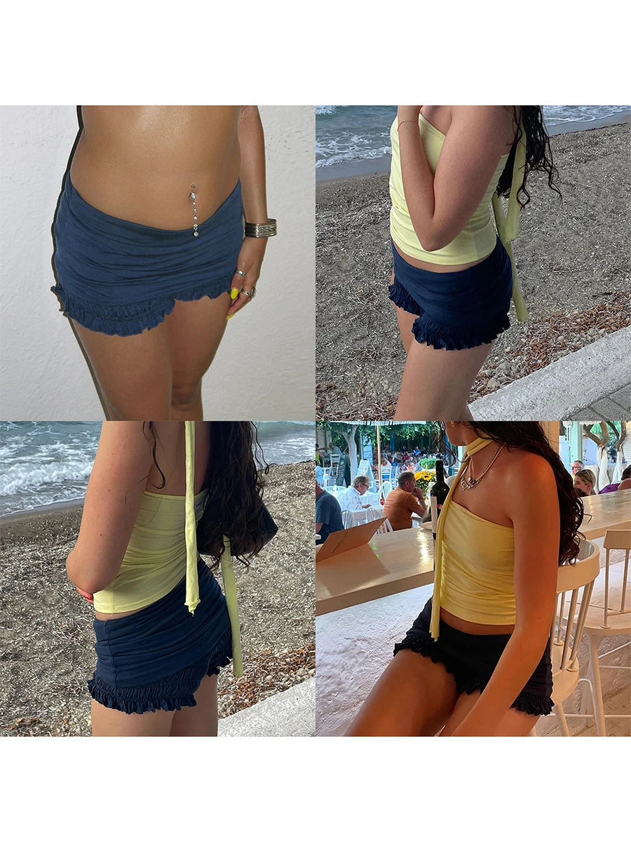 Aiertu  -  Women Solid Color Shorts Elastic Waist Pleated Slim Fit Summer Casual Shorts Streetwear Blue/Pink Aiertu