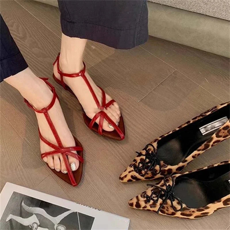 Aiertu  -   2025 Summer Womens Sandals  Fashion Pointed Toe Buckle Strap Narrow Band Low Heels Shoes Zapatos Mujer Aiertu