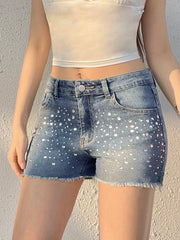 Aiertu  -  y2k Rhinestone Denim Shorts Summer Casual Low Rise Skinny Short Jeans for Women Streetwear All-match Shorts Harajuku 90s Aiertu