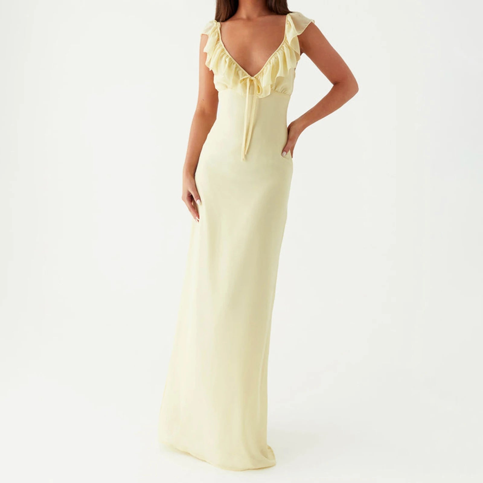 Aiertu  -  Women Ruffle Trim Cami Dress Slim Solid Color Deep V Neck Open Back Tie Long Evening Dress for Party Clubwear Aiertu