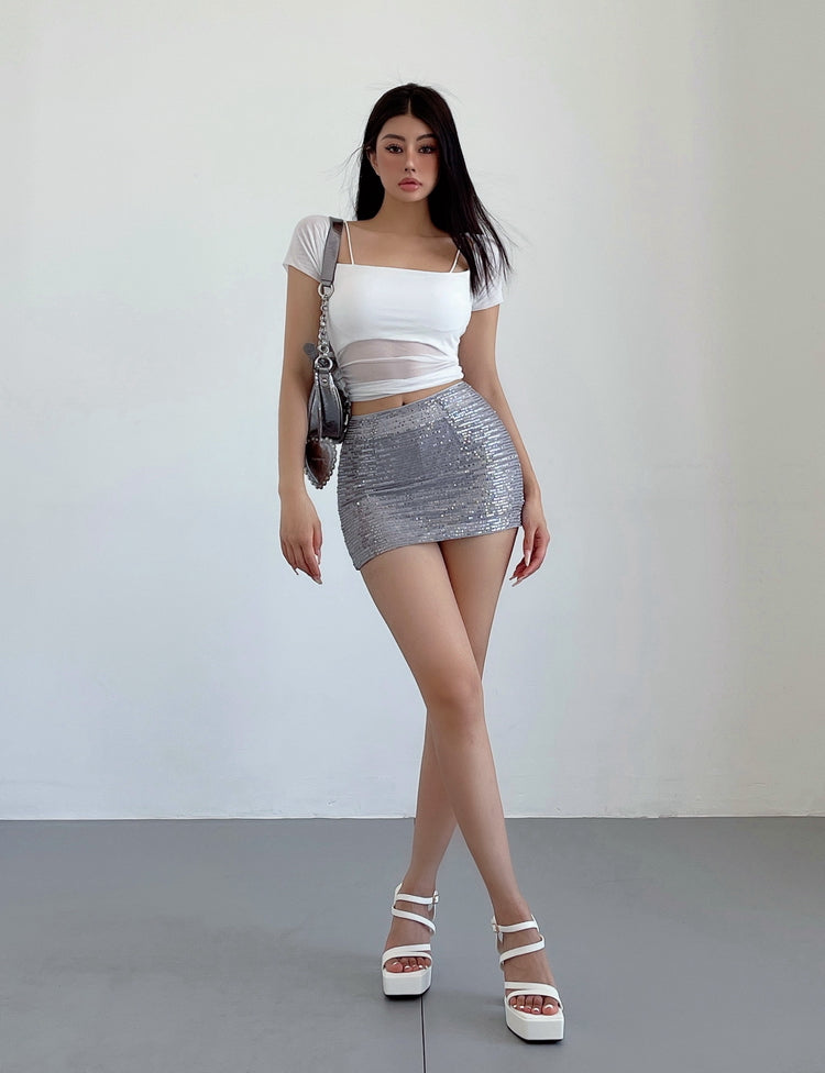 Aiertu Solid Color Sequined Slim High Waist Mini Skirt Aiertu