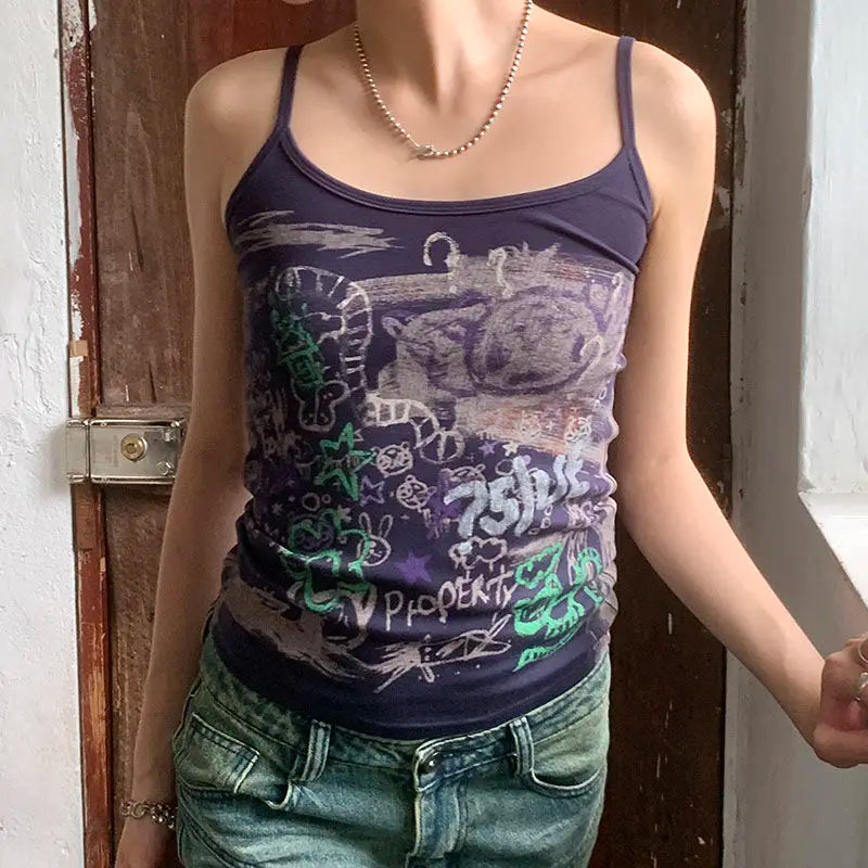 Aiertu  -  Summer Streetwear Grunge Cartoon Print Tanks Kawaii Cute Slim Sweet Y2k Aesthetic Tank Top Harajuku Women Camisole Trendy Aiertu