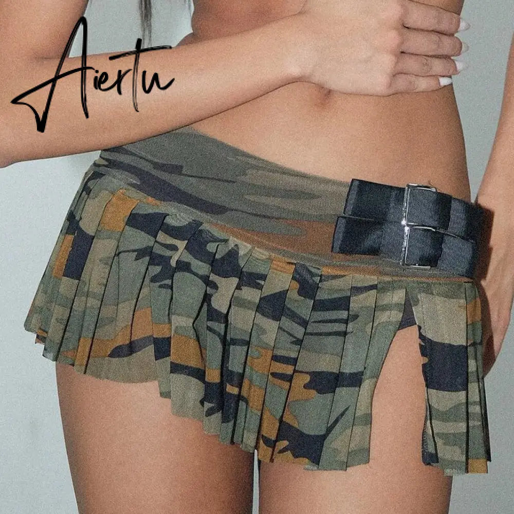 Camouflage Mini Pleated Skirt Fashion Streetwear Hot Sexy Split Low Rise Loose Super Short Skirts Women Grunge Y2k Chic Aiertu