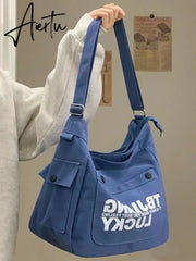 Canvas Diagonal Crossbody Bags Youth Fashion Casual Version Ladies Large Capacity Shoulder Bag Solid Color Women Messenger Bag Aiertu