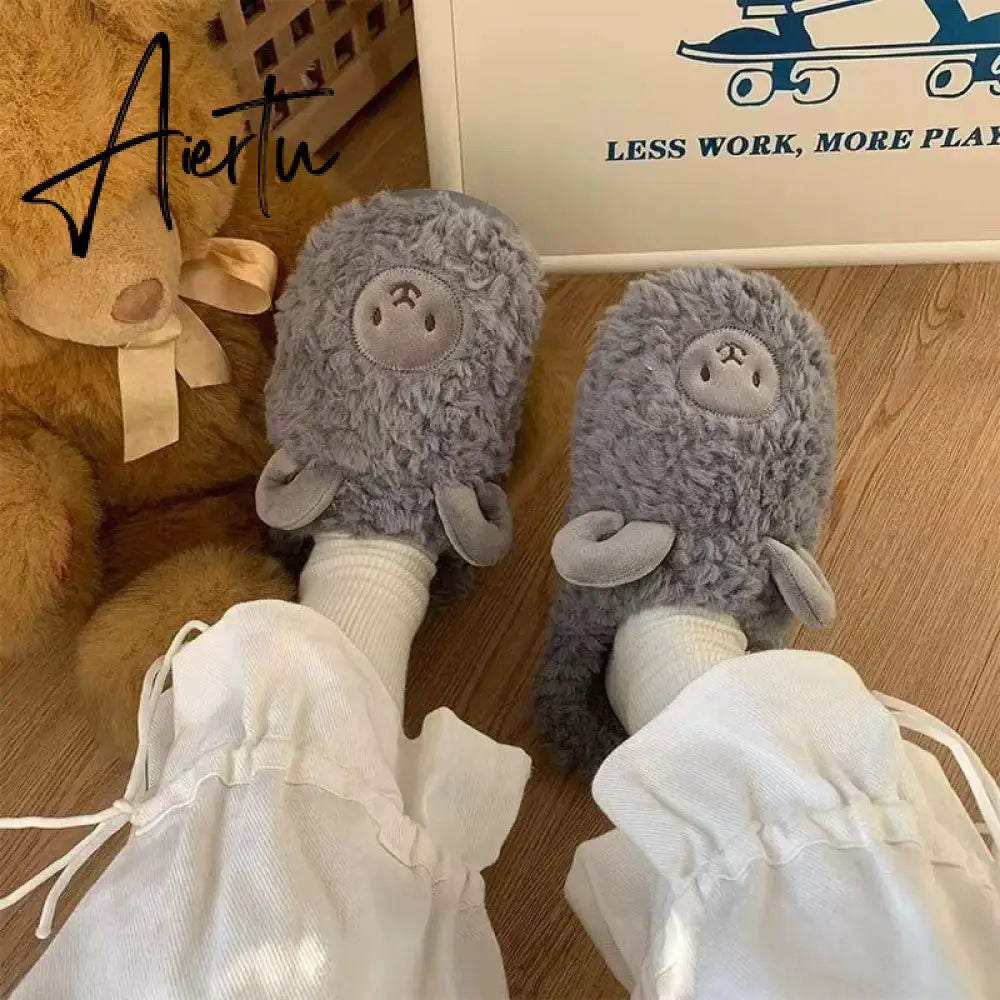 Cartoon Cute Thick-soled Warm Cotton Shoes Ladies Men's Winter Cotton Slippers Autumn and Winter Indoor Home Couple Slippers Aiertu