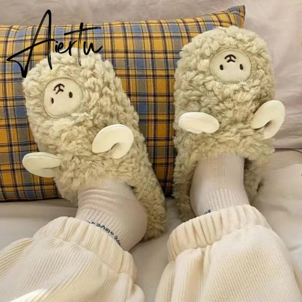 Cartoon Cute Thick-soled Warm Cotton Shoes Ladies Men's Winter Cotton Slippers Autumn and Winter Indoor Home Couple Slippers Aiertu