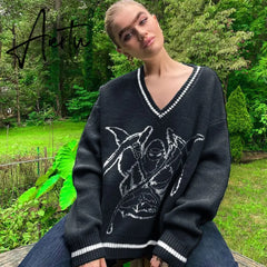 Cartoon Pattern Sweaters Women Oversized Pullovers Harajuku Aesthetic Streetwear Jumper Korean Knitwear Autumn Preppy Style Warm Aiertu