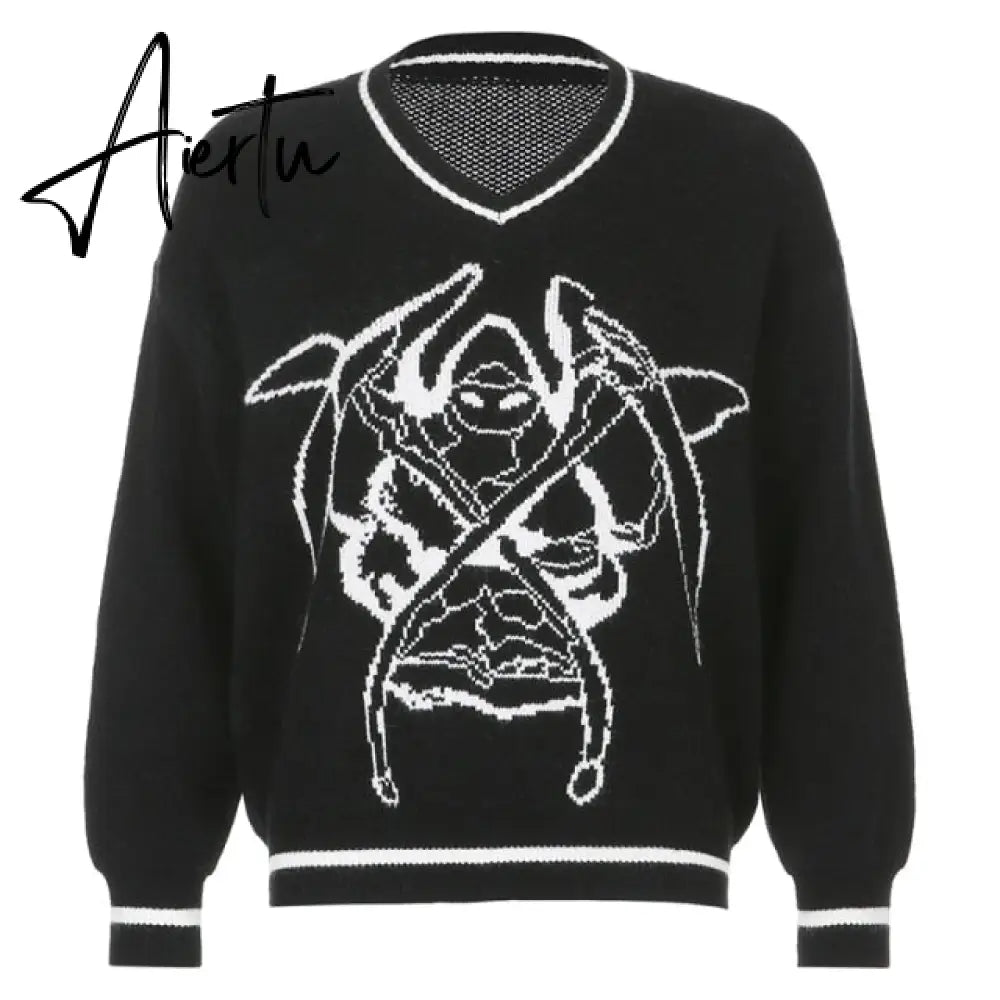 Cartoon Pattern Sweaters Women Oversized Pullovers Harajuku Aesthetic Streetwear Jumper Korean Knitwear Autumn Preppy Style Warm Aiertu