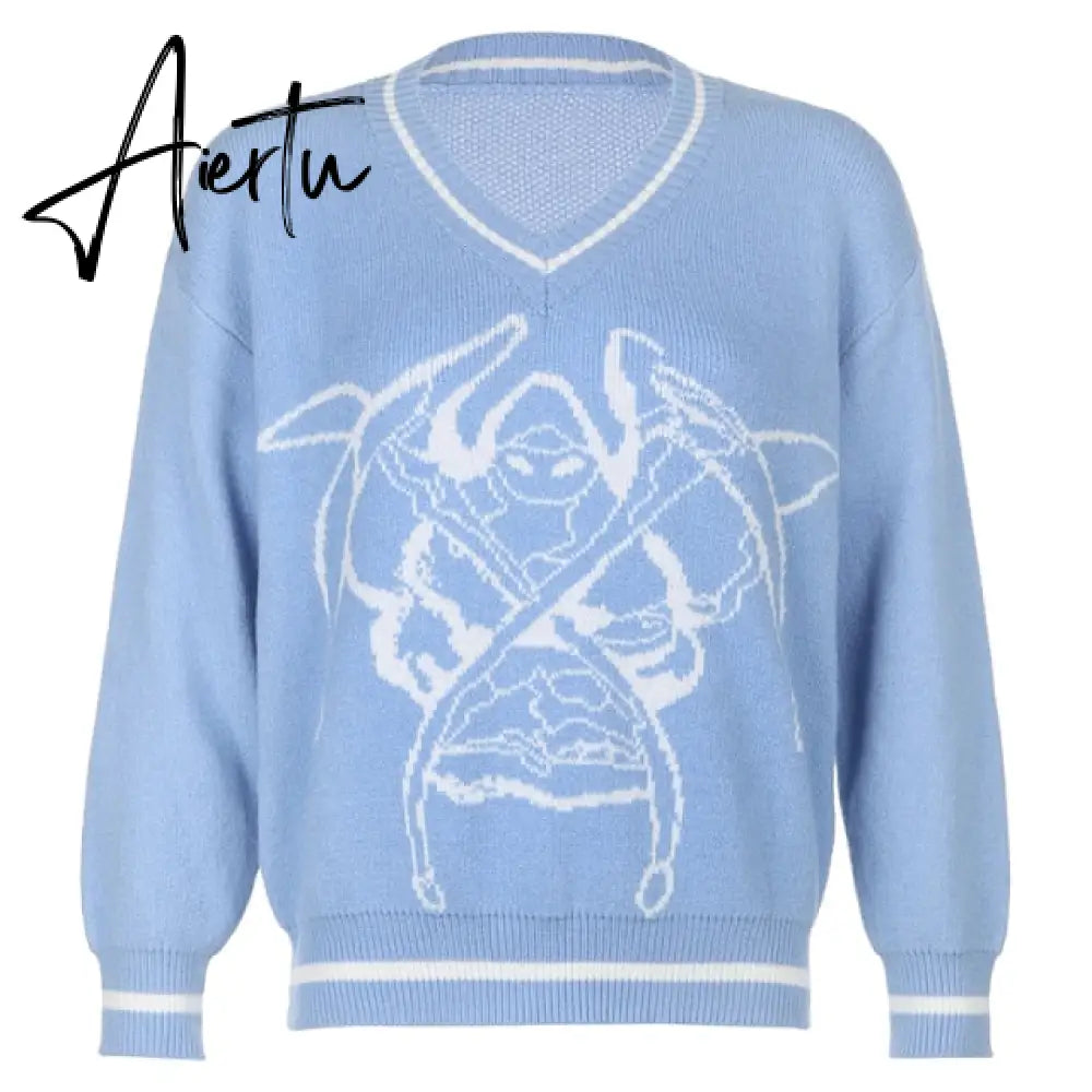 Cartoon Pattern Sweaters Women Oversized Pullovers Harajuku Aesthetic Streetwear Jumper Korean Knitwear Autumn Preppy Style Warm Aiertu
