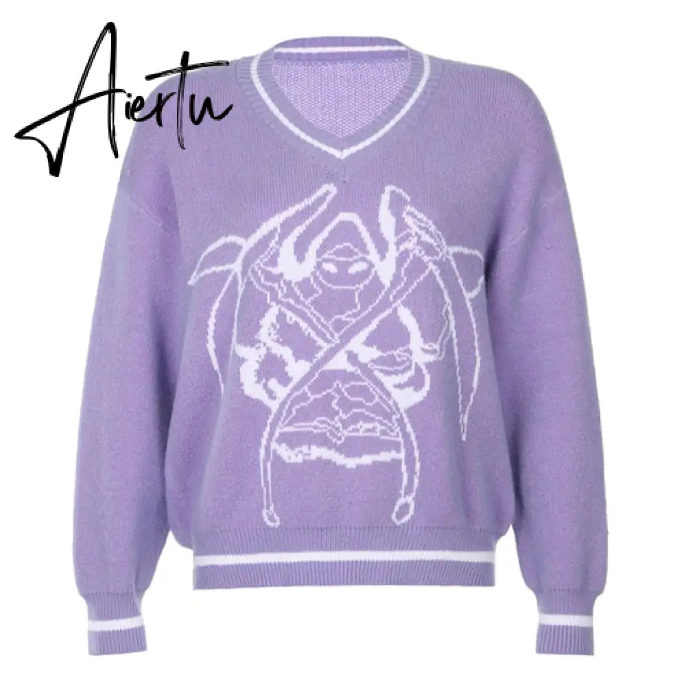 Cartoon Pattern Sweaters Women Oversized Pullovers Harajuku Aesthetic Streetwear Jumper Korean Knitwear Autumn Preppy Style Warm Aiertu