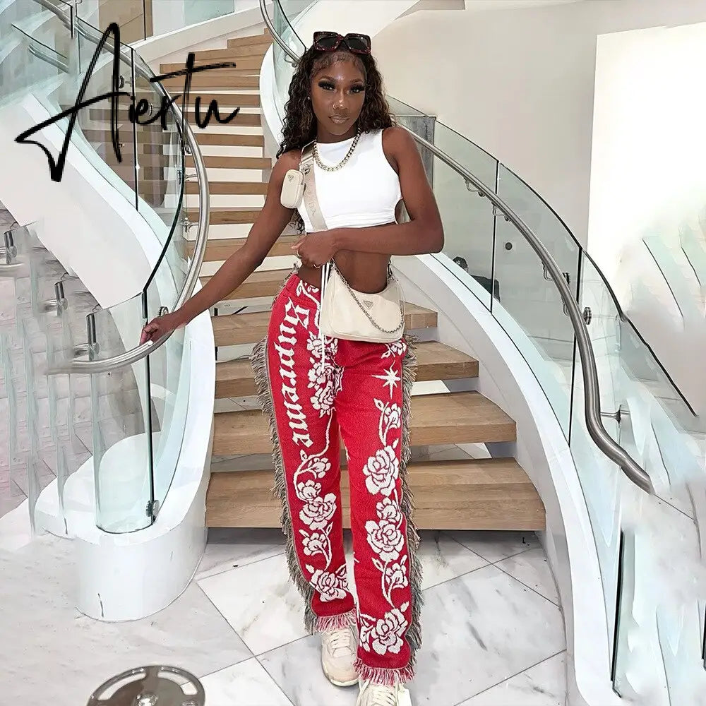 Casaul Women Streetwear Print Pants Tassel Cargo Pants Colorful High Streetwear Sporty Long Pants For Women Winter Outfit Aiertu