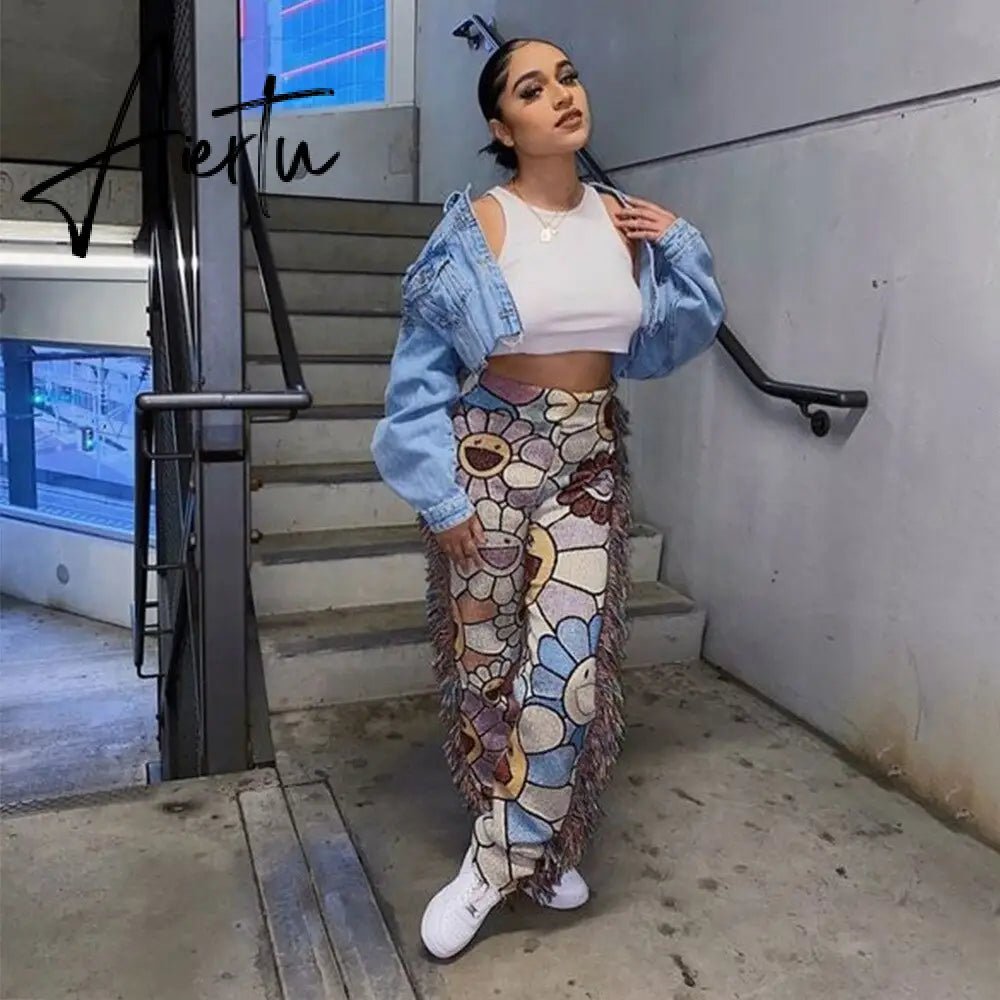 Casaul Women Streetwear Print Pants Tassel Cargo Pants Colorful High Streetwear Sporty Long Pants For Women Winter Outfit Aiertu