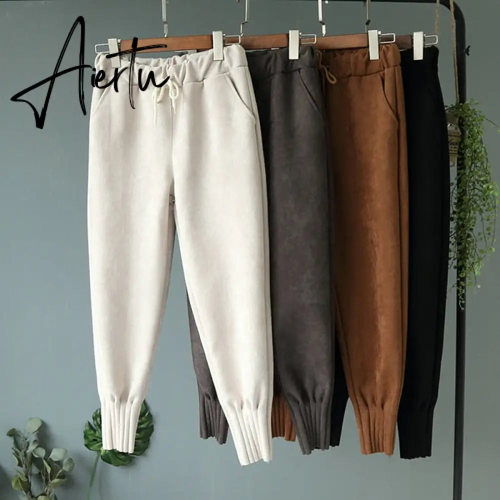 Casual Autumn Winter Women Pants Korean Elastic High Waist Pockets Suede Harem Pants Trousers Women Pantalon Femme Aiertu