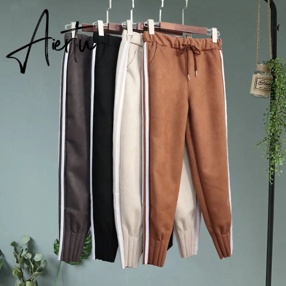 Casual Autumn Winter Women Pants Korean Elastic High Waist Pockets Suede Harem Pants Trousers Women Pantalon Femme Aiertu