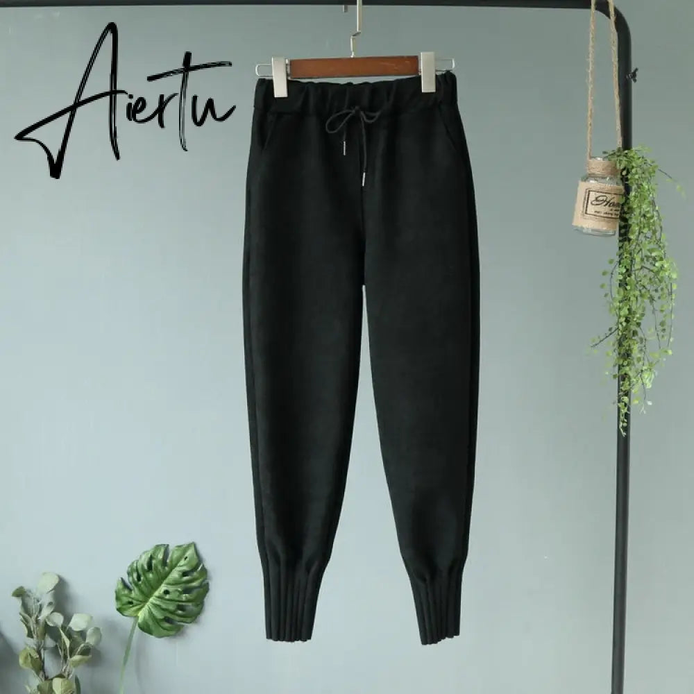 Casual Autumn Winter Women Pants Korean Elastic High Waist Pockets Suede Harem Pants Trousers Women Pantalon Femme Aiertu