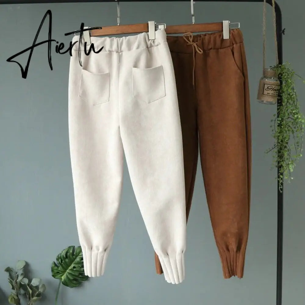 Casual Autumn Winter Women Pants Korean Elastic High Waist Pockets Suede Harem Pants Trousers Women Pantalon Femme Aiertu