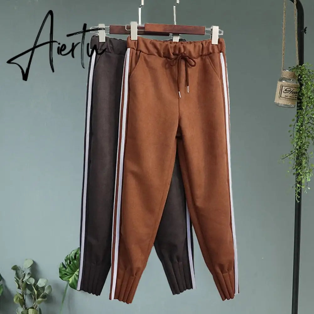 Casual Autumn Winter Women Pants Korean Elastic High Waist Pockets Suede Harem Pants Trousers Women Pantalon Femme Aiertu