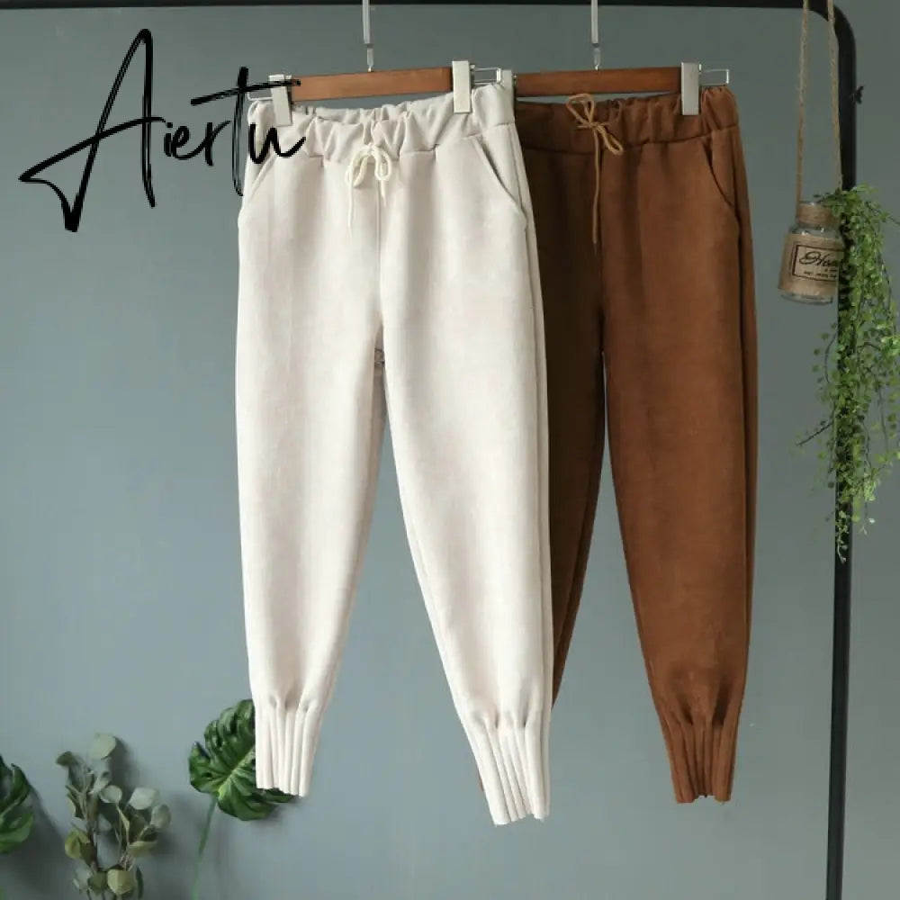 Casual Autumn Winter Women Pants Korean Elastic High Waist Pockets Suede Harem Pants Trousers Women Pantalon Femme Aiertu