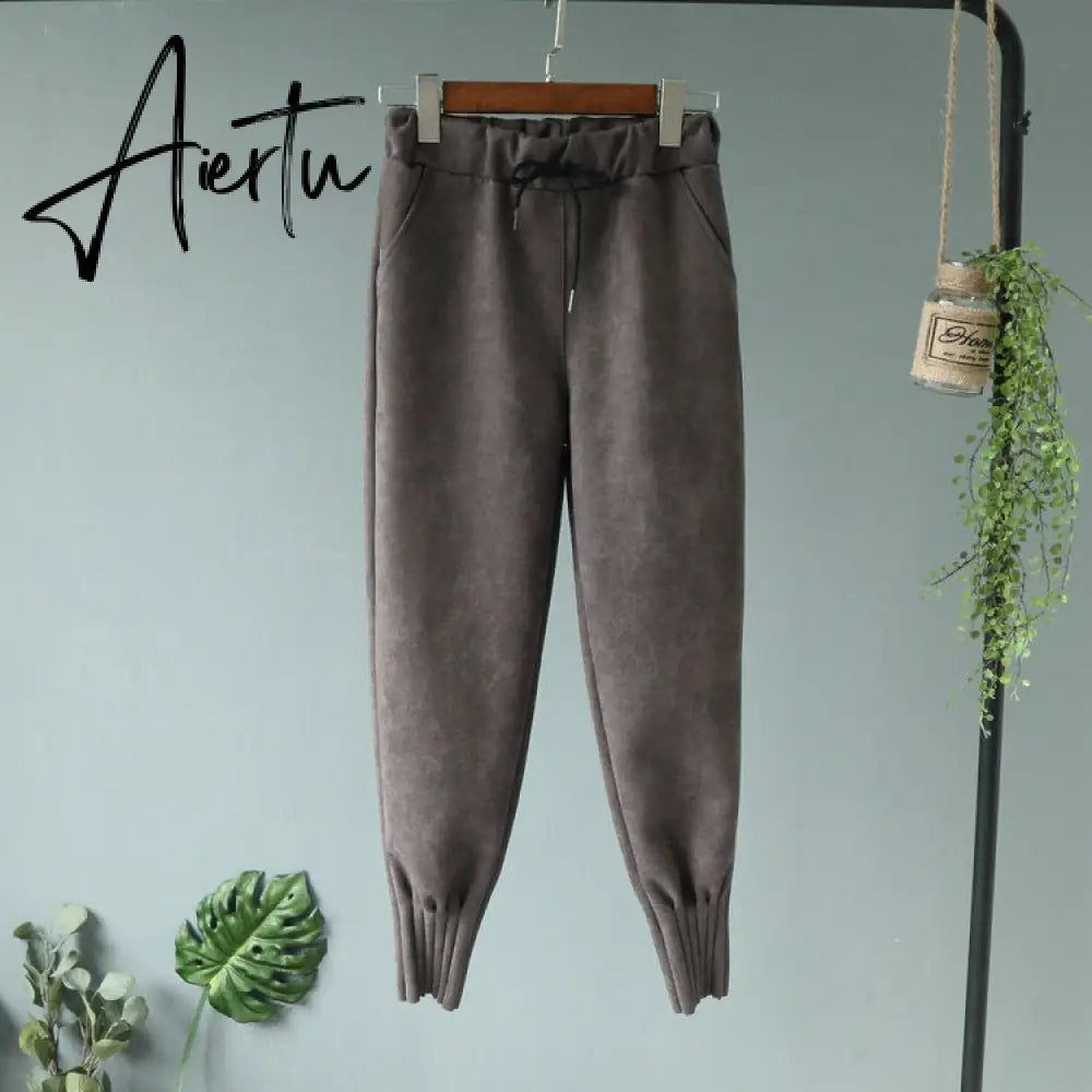 Casual Autumn Winter Women Pants Korean Elastic High Waist Pockets Suede Harem Pants Trousers Women Pantalon Femme Aiertu