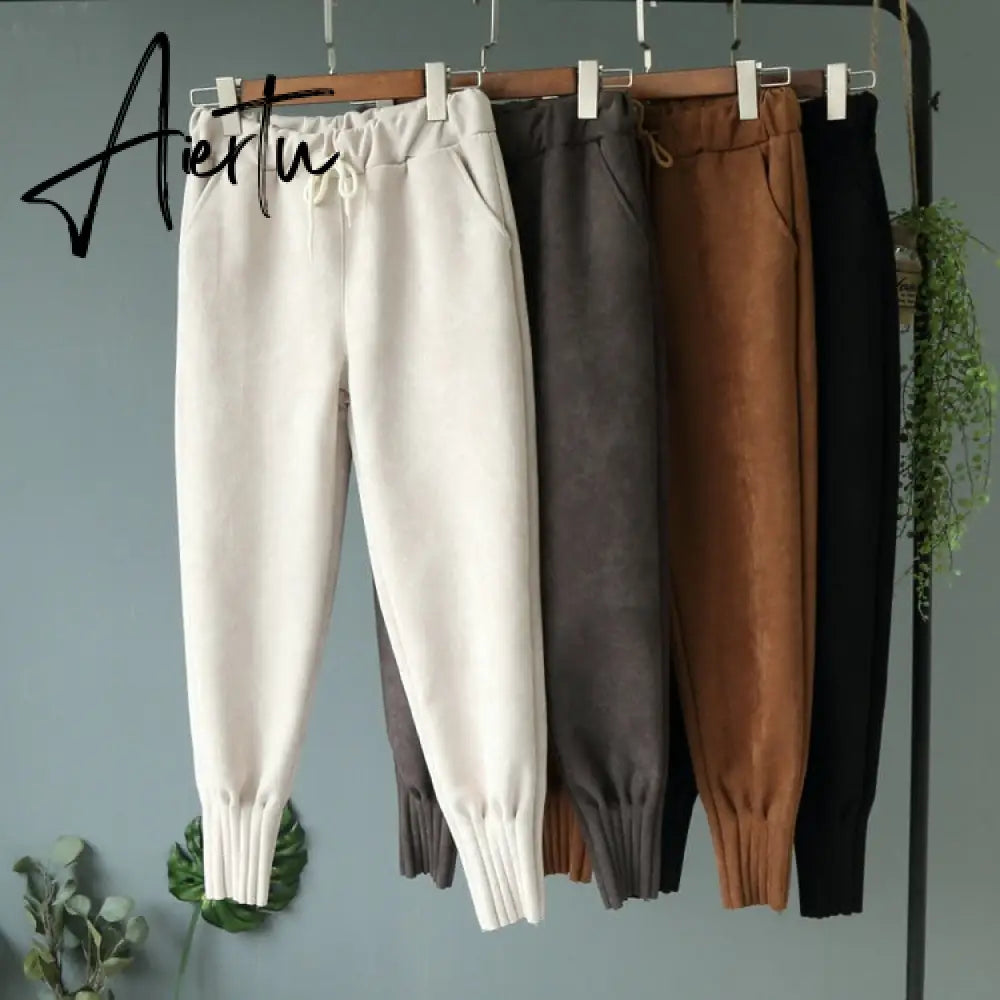 Casual Autumn Winter Women Pants Korean Elastic High Waist Pockets Suede Harem Pants Trousers Women Pantalon Femme Aiertu