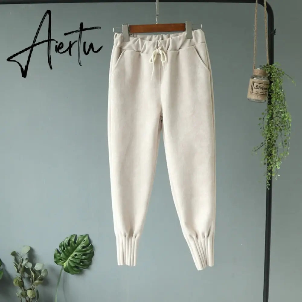 Casual Autumn Winter Women Pants Korean Elastic High Waist Pockets Suede Harem Pants Trousers Women Pantalon Femme Aiertu