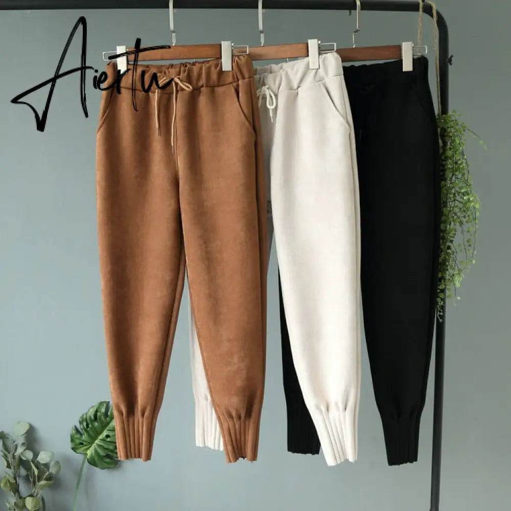 Casual Autumn Winter Women Pants Korean Elastic High Waist Pockets Suede Harem Pants Trousers Women Pantalon Femme Aiertu