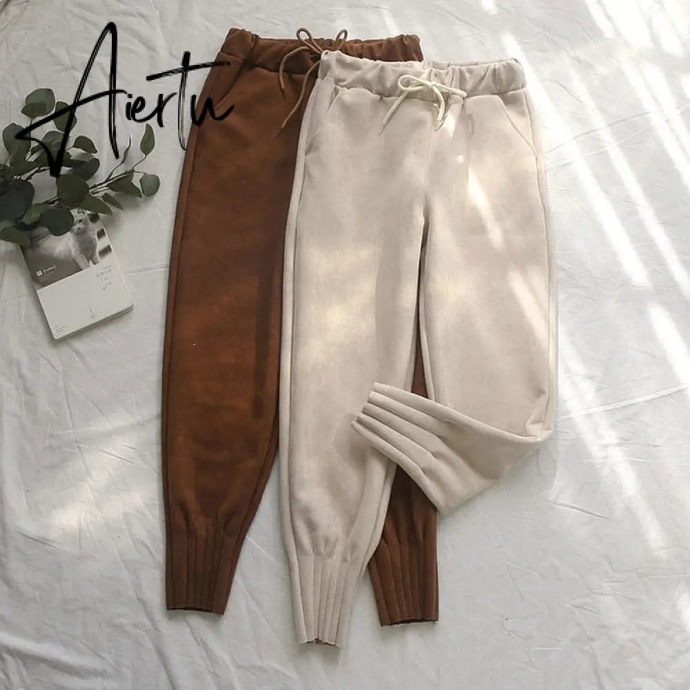 Casual Autumn Winter Women Pants Korean Elastic High Waist Pockets Suede Harem Pants Trousers Women Pantalon Femme Aiertu