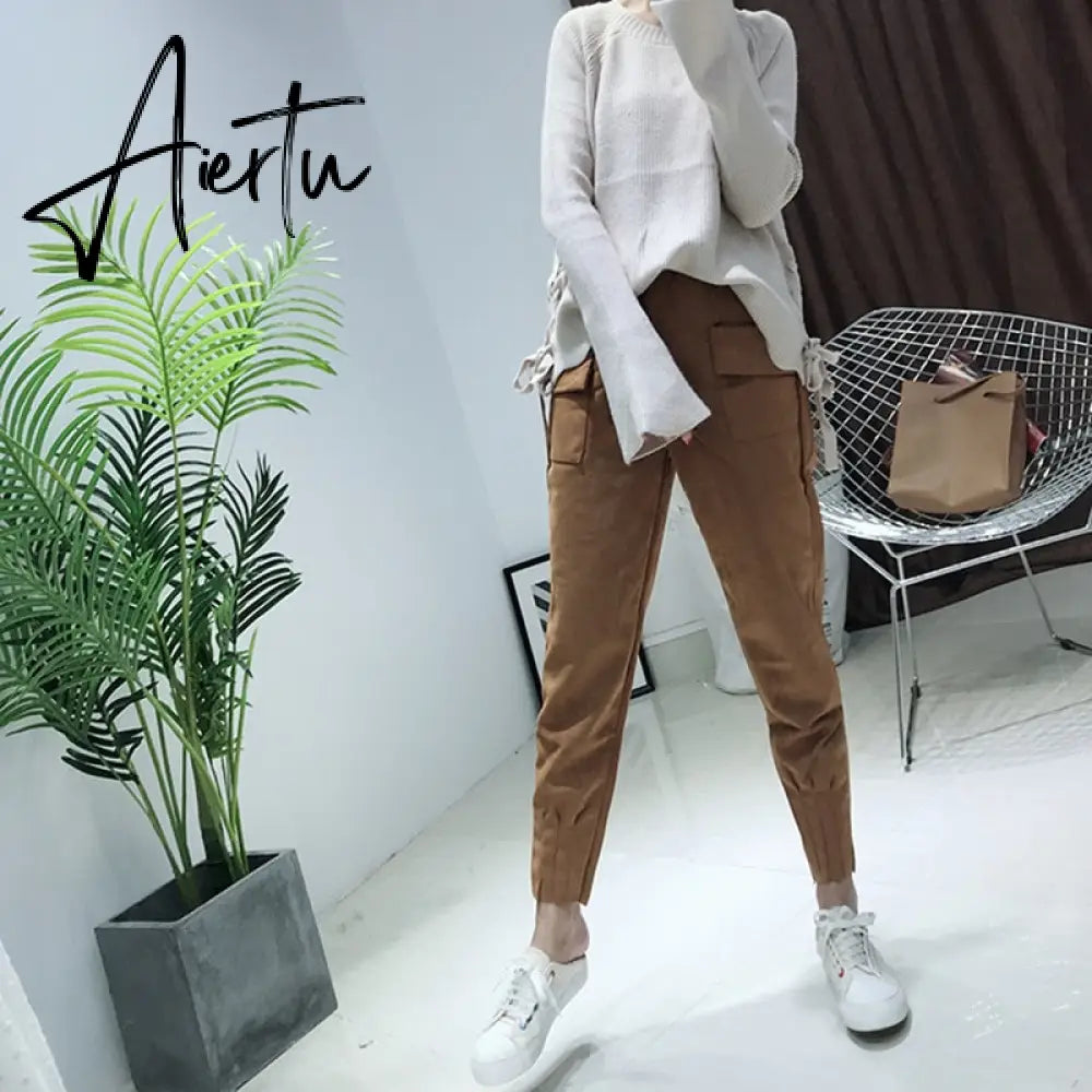 Casual Autumn Winter Women Pants Korean Elastic High Waist Pockets Suede Harem Pants Trousers Women Pantalon Femme Aiertu