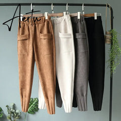 Casual Autumn Winter Women Pants Korean Elastic High Waist Pockets Suede Harem Pants Trousers Women Pantalon Femme Aiertu