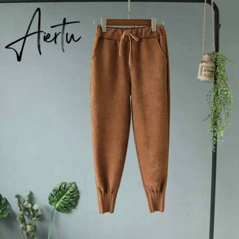 Casual Autumn Winter Women Pants Korean Elastic High Waist Pockets Suede Harem Pants Trousers Women Pantalon Femme Aiertu