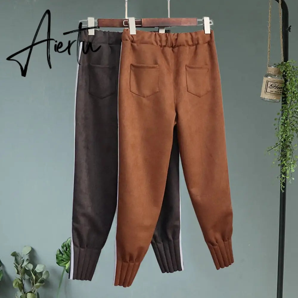 Casual Autumn Winter Women Pants Korean Elastic High Waist Pockets Suede Harem Pants Trousers Women Pantalon Femme Aiertu