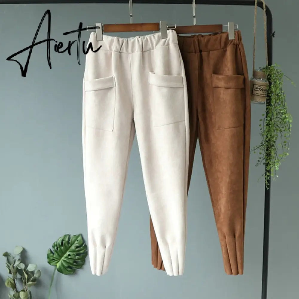 Casual Autumn Winter Women Pants Korean Elastic High Waist Pockets Suede Harem Pants Trousers Women Pantalon Femme Aiertu