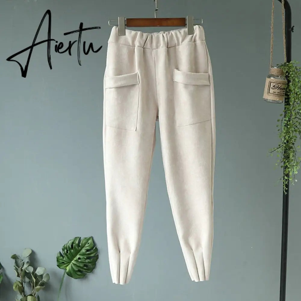 Casual Autumn Winter Women Pants Korean Elastic High Waist Pockets Suede Harem Pants Trousers Women Pantalon Femme Aiertu