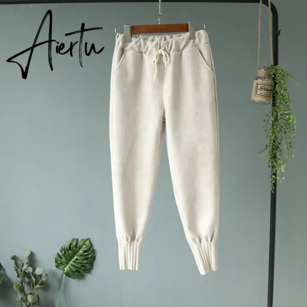 Casual Autumn Winter Women Pants Korean Elastic High Waist Pockets Suede Harem Pants Trousers Women Pantalon Femme Aiertu