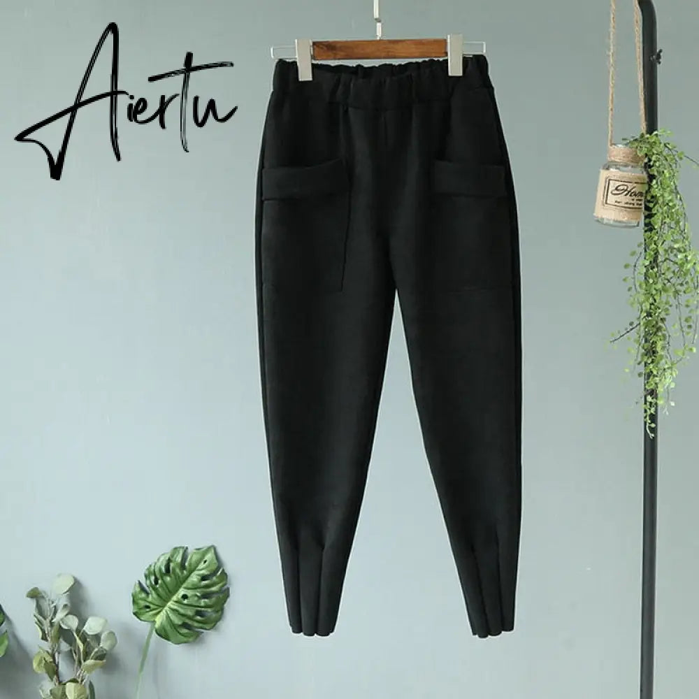 Casual Autumn Winter Women Pants Korean Elastic High Waist Pockets Suede Harem Pants Trousers Women Pantalon Femme Aiertu