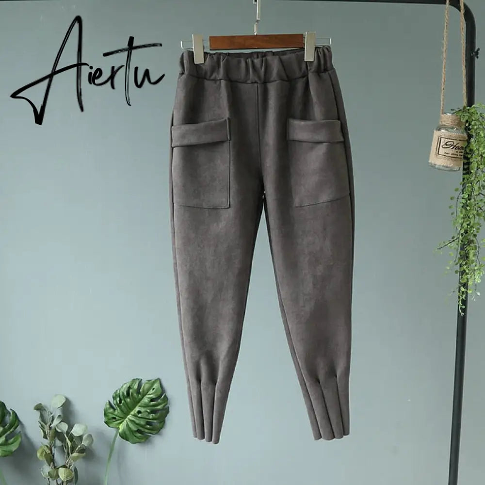 Casual Autumn Winter Women Pants Korean Elastic High Waist Pockets Suede Harem Pants Trousers Women Pantalon Femme Aiertu