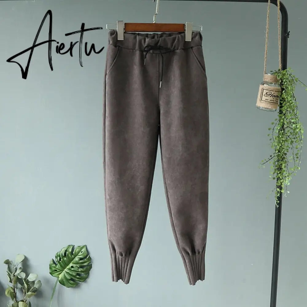 Casual Autumn Winter Women Pants Korean Elastic High Waist Pockets Suede Harem Pants Trousers Women Pantalon Femme Aiertu