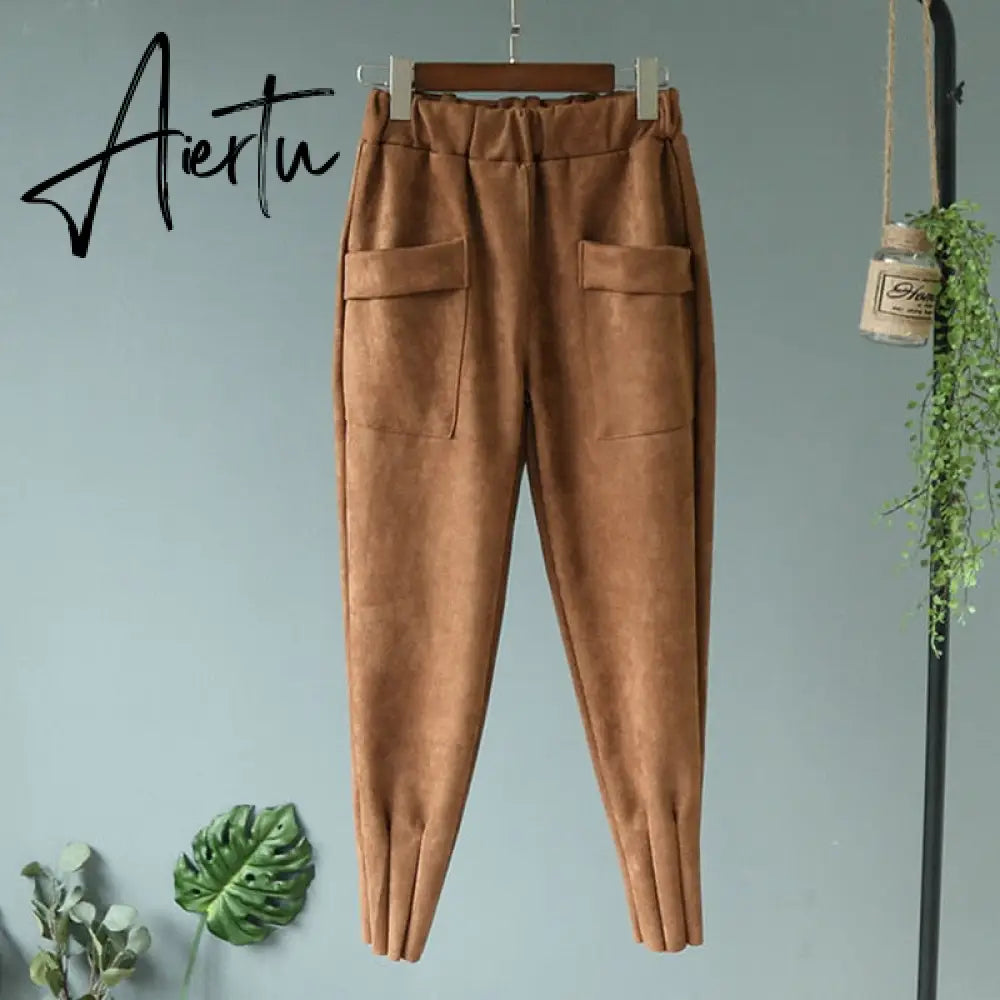 Casual Autumn Winter Women Pants Korean Elastic High Waist Pockets Suede Harem Pants Trousers Women Pantalon Femme Aiertu