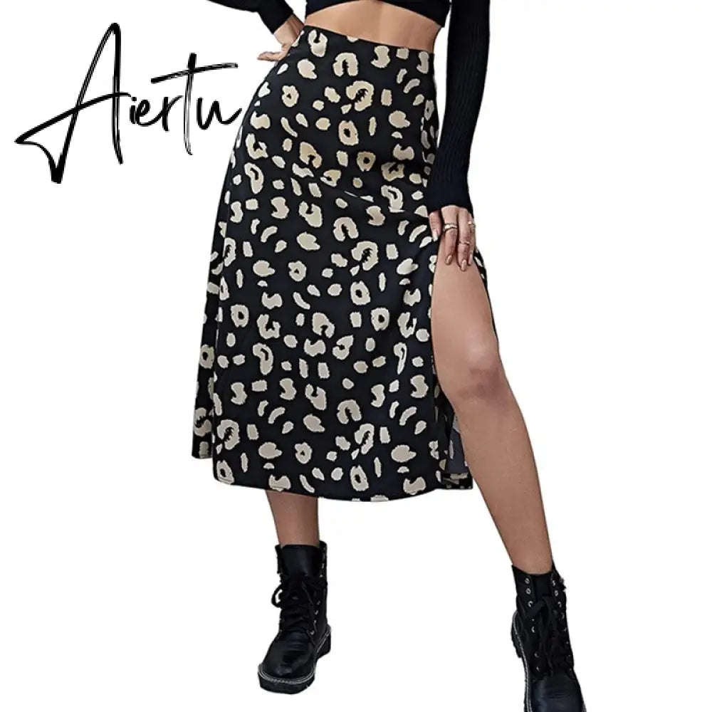 Casual Beach Split Midi Skirts Ladies Girls High Waist Leopard Printing A-line Skirts Women Fashion Summer Autumn Clothing Aiertu