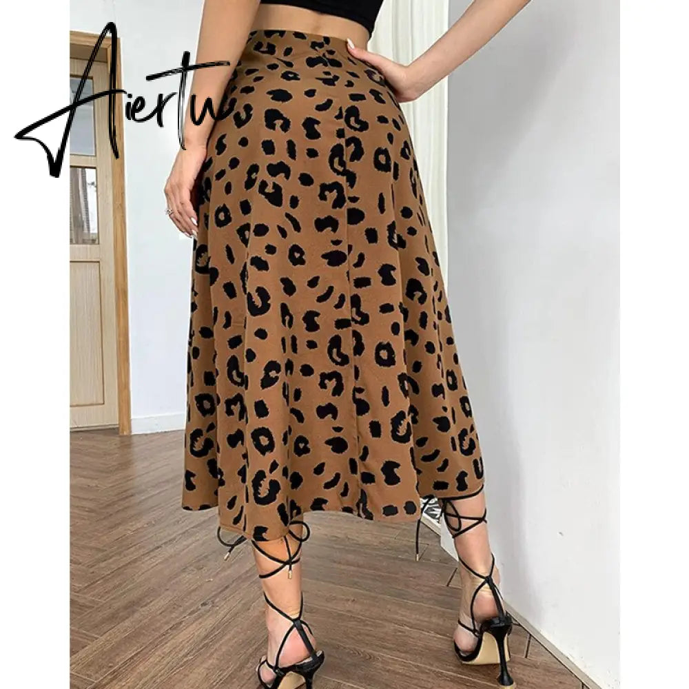 Casual Beach Split Midi Skirts Ladies Girls High Waist Leopard Printing A-line Skirts Women Fashion Summer Autumn Clothing Aiertu
