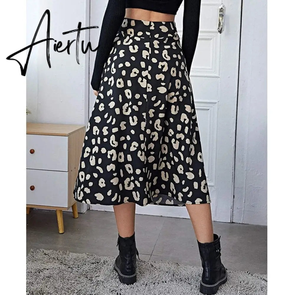 Casual Beach Split Midi Skirts Ladies Girls High Waist Leopard Printing A-line Skirts Women Fashion Summer Autumn Clothing Aiertu