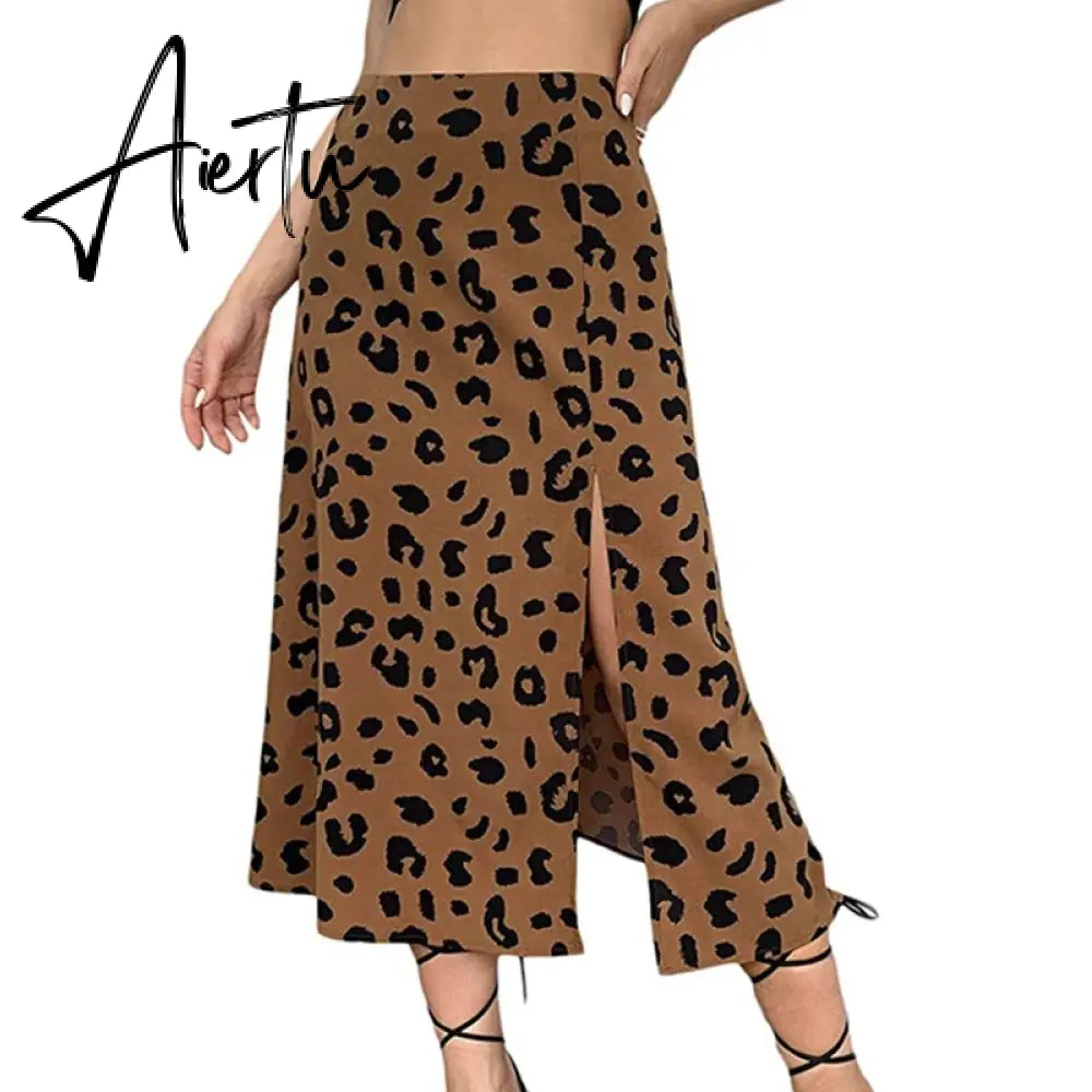 Casual Beach Split Midi Skirts Ladies Girls High Waist Leopard Printing A-line Skirts Women Fashion Summer Autumn Clothing Aiertu