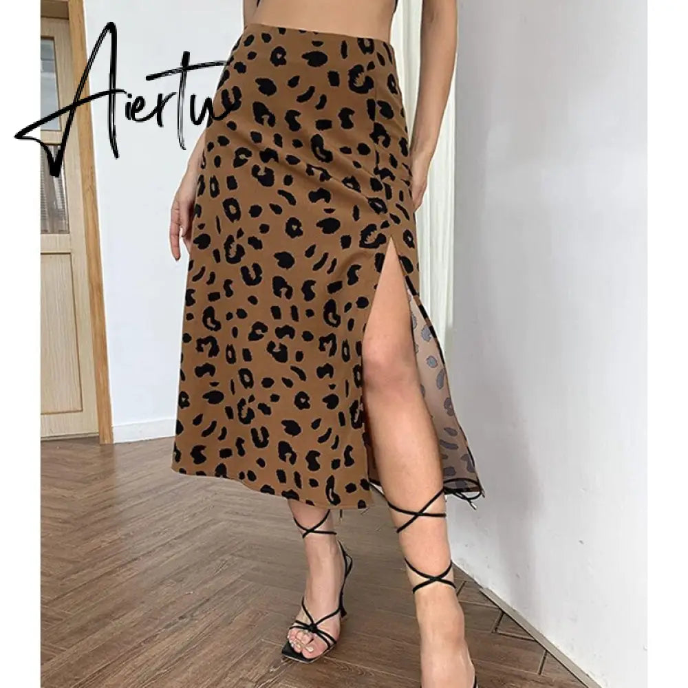 Casual Beach Split Midi Skirts Ladies Girls High Waist Leopard Printing A-line Skirts Women Fashion Summer Autumn Clothing Aiertu