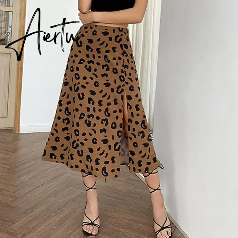 Casual Beach Split Midi Skirts Ladies Girls High Waist Leopard Printing A-line Skirts Women Fashion Summer Autumn Clothing Aiertu