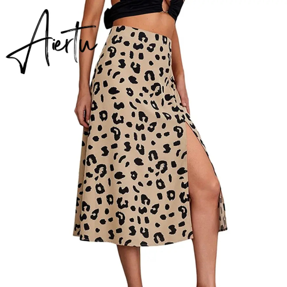 Casual Beach Split Midi Skirts Ladies Girls High Waist Leopard Printing A-line Skirts Women Fashion Summer Autumn Clothing Aiertu