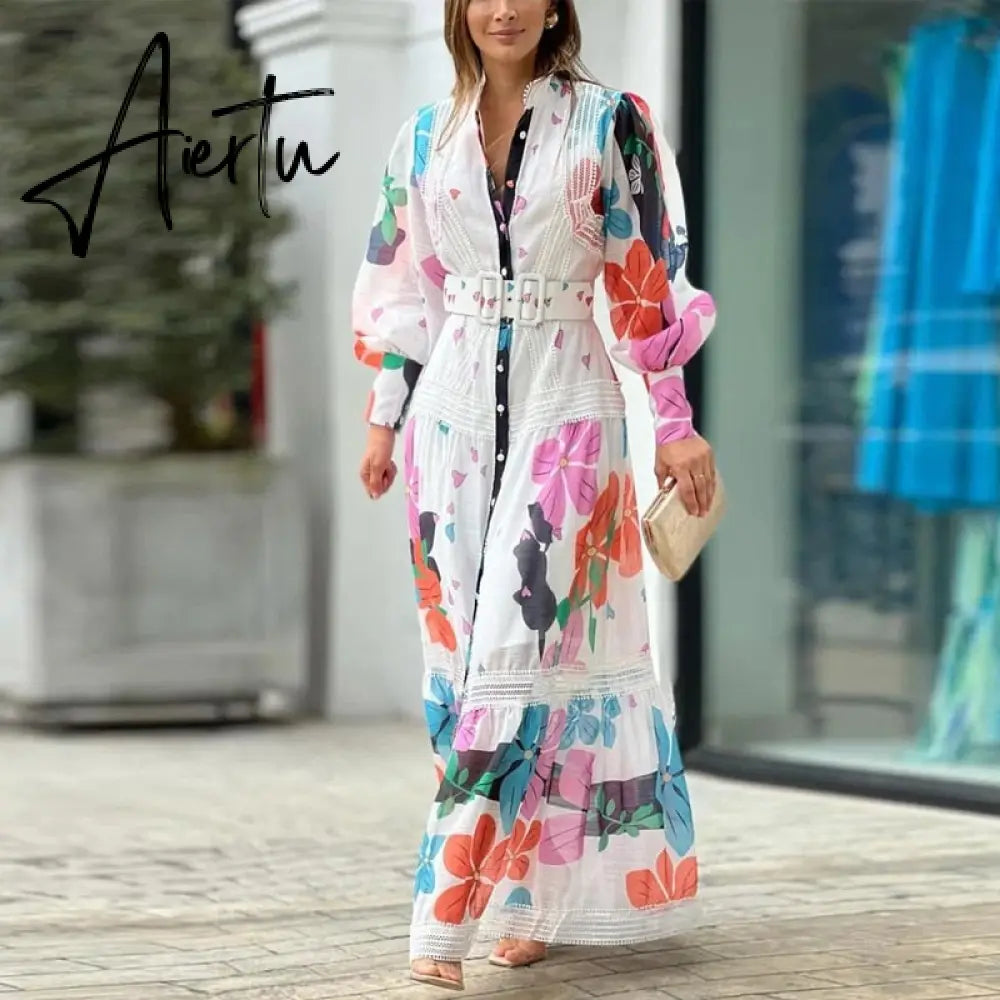 Casual Commute Maxi Dresses Fashion Lace Ruched Stitching Print Women Dress Ladies New High Street Stand Collar Long Shirt Dress Aiertu