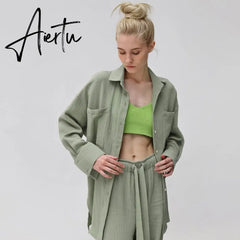 Casual Cotton Sleepwear Oversize Tops Pants 2 Piece Sets Women Loose Lace Up Shirts Suits Female Solid Homewear Outfits Aiertu