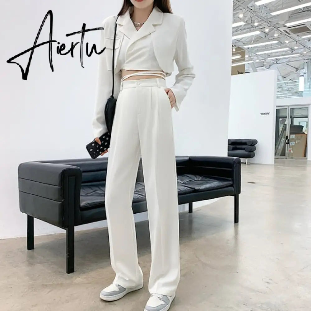 Casual High Waist Loose Wide Leg Pants for Women Spring Autumn New Female Floor-Length White Suits Pants Ladies Long Trousers Aiertu