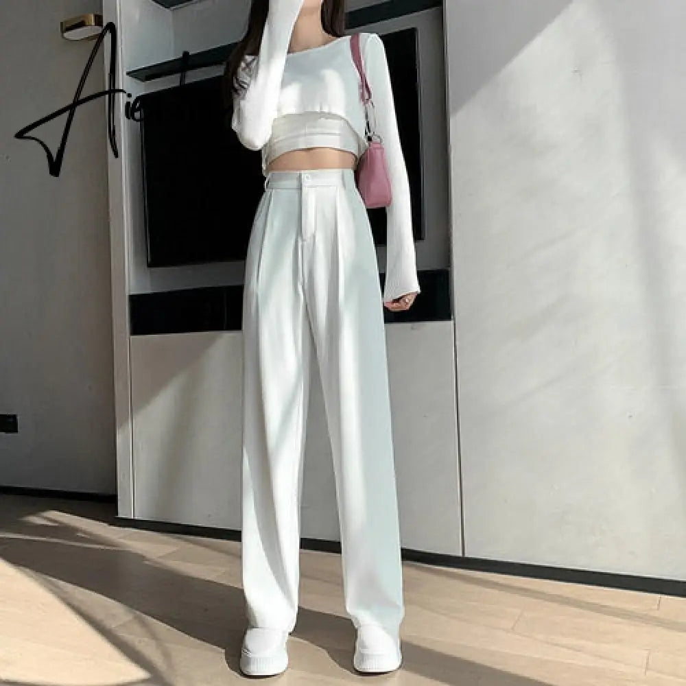 Casual High Waist Loose Wide Leg Pants for Women Spring Autumn New Female Floor-Length White Suits Pants Ladies Long Trousers Aiertu